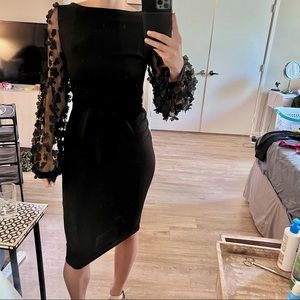 Black Long Sleeve Midi Pencil Dress with Flower Detail